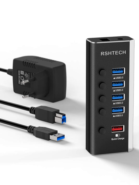 RSHTECH Aluminium USB Hub Aktiv 3.0 mit 24W Netzteil, mit 1*Schnellladeanschluss, 4*USB 3.0 Datenanschlüssen, 5-Port USB Verteiler mit 12V/2A Netzteil, für Aufladen und Datenübertragung, RSH-A35