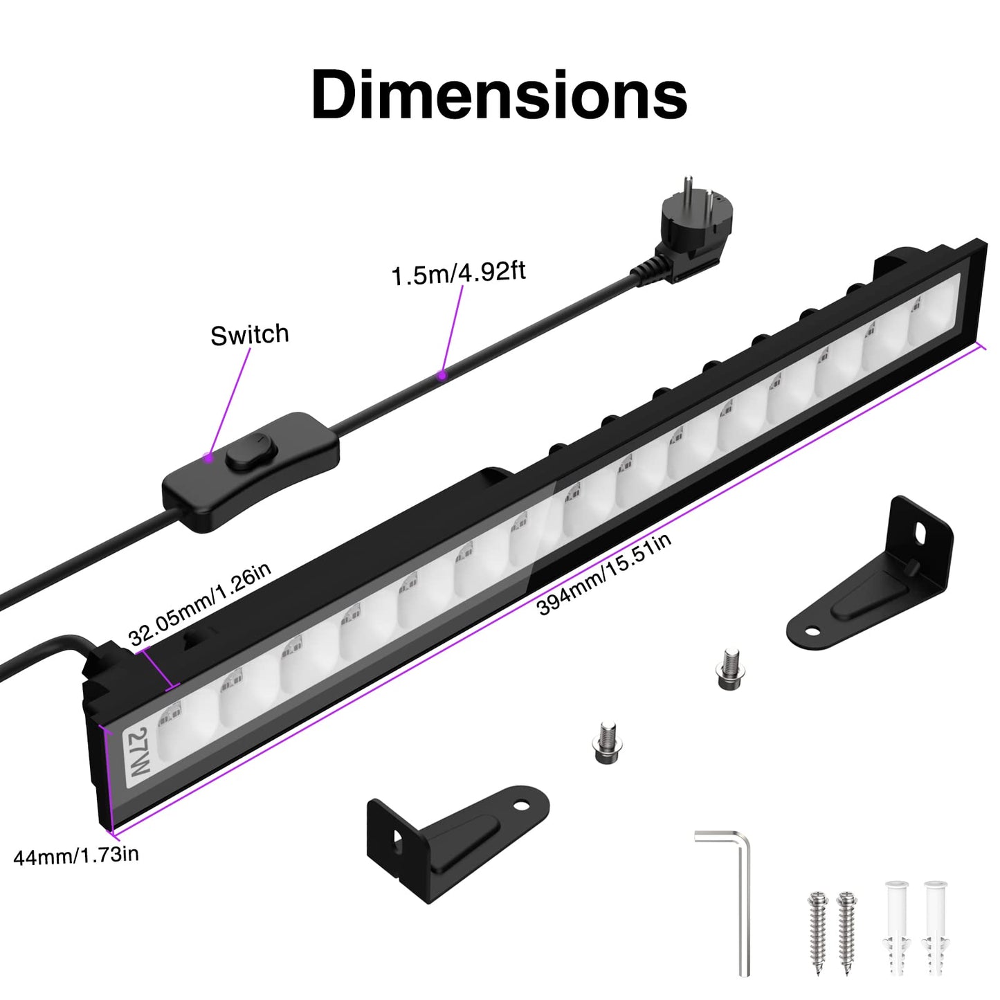 Onforu 27W LED Schwarzlicht, UV Bar Schwarzlichtlampe mit Stecker, IP66 Wasserdicht UV Strahler Außen, Fluoreszenz Schwarzlicht Strahler mit 60 LEDs, UV Licht Röhre mit Schalter für Party, Deko