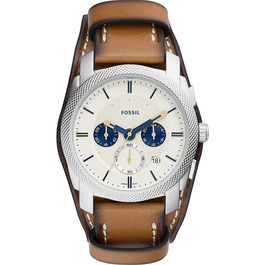 Fossil Machine uhr für Herren, Chronographenwerk mit Edelstahl- oder Lederarmband, Weiß und Tan, 42MM