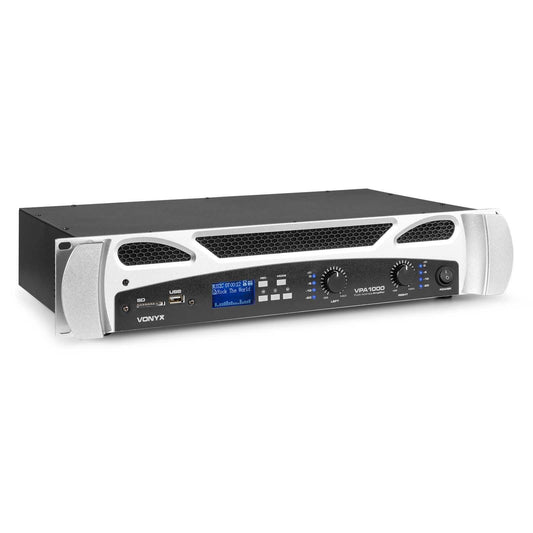 Vonyx VPA1000 PA Verstärker Endstufe 1000 Watt Leistungsverstärker 2x 500 W mit Bluetooth,MP3-Player, USB, SD, 19 Zoll Rack, 2U, RCA Cinch IN, NL2 Out, 6,3mm Klinke IN-OUT, VU-Meter - Schwarzweiß