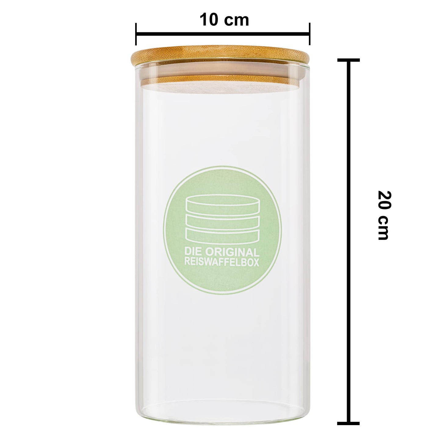 Die Original Reiswaffelbox mit Bambusdeckel - Reiswaffeldose aus Glas mit Silikonring - Luftdichte Reiswaffel Dose - Reiswaffelbehälter - Reiswaffel Aufbewahrung - für Reiswaffeln bis 9,5 cm