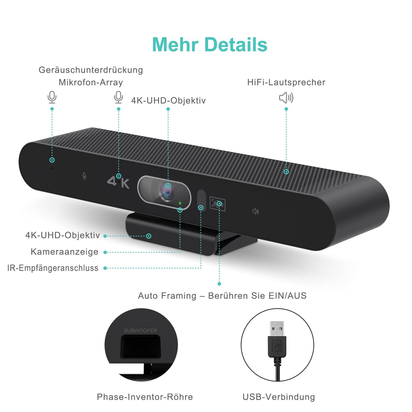 RayBit 4K Videokonferenz-Webcam mit Mikrofon und Lautsprecher, AI-Powered Kamera für Videokonferenz mit Fernbedienung für Windows TV/Meeting Room/PC/Desktop-Computer/Zoom/Teams/Skype/USB Plug&Play