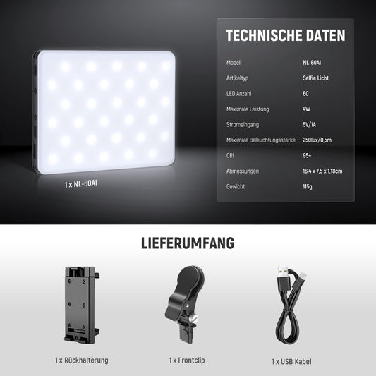 NEEWER Basic Clip On Selfie Licht kompatibel mit iPhone, 2000mAh wiederaufladbares LED Videolicht mit Handy Clamp für Computer Webcam, Laptop, Zoom Videokonferenzen, Make up Fotografie, NL-60AI