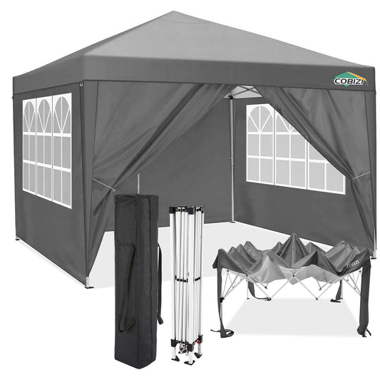 COBIZI Pavillon 3x3 Wasserdicht Stabil Winterfest Partyzelt 3x3 mit 4 Seitenteilen Pop Up Faltpavillon UV Schutz 50+ Gartenpavillon Mit Handtasche, 8X Heringe und 4X Windseil, Grau