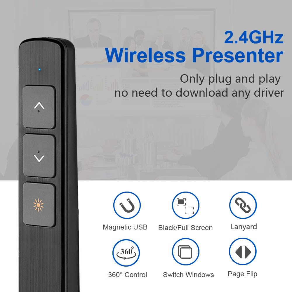 Kinizuxi Kabelloser Presenter Pointer für Präsentationen mit Lanyard, 100M Präsentations Clicker, 2.4GHz Präsentation Wireless Present Fernbedienung für Windows/Mac/Laptop