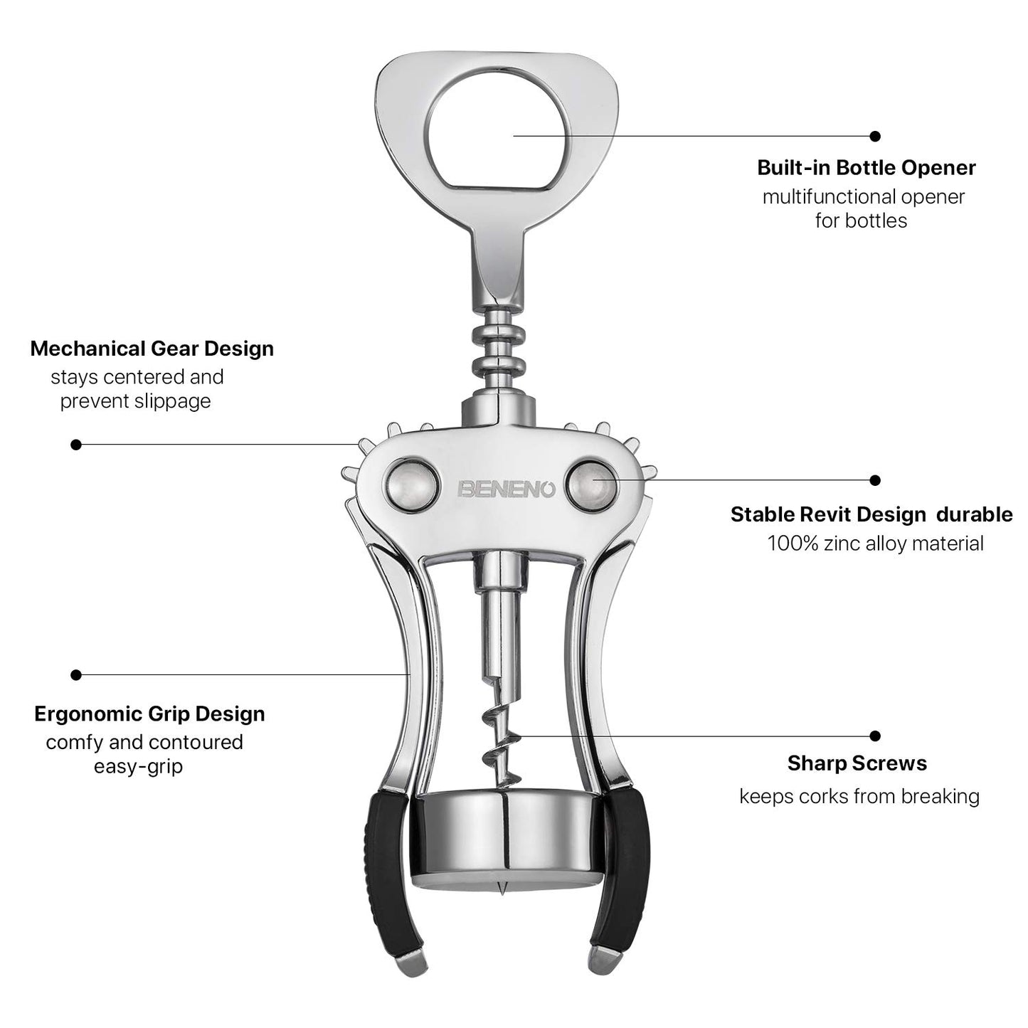 Korkenzieher Wein, Premium Wein Flaschenöffner Weinöffner aus Zinklegierung Flügelkorkenzieher mit Multifunktionalem Weinflaschenöffner für Korken und Kappen, Silber