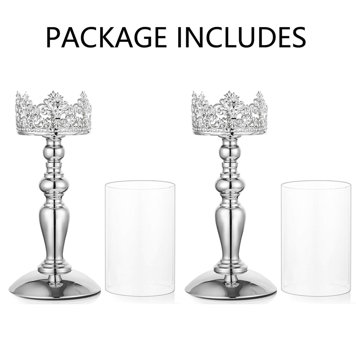 NUPTIO 2 Stück Silber Säule Kerzenhalter mit Glas, Hurricane Kerzenhalter, 32cm Hoch Kerzenlichthalter für Hochzeitstag Einweihungsfeier Weihnachtsfeier Tisch Kamin Mantel Mittelstücke