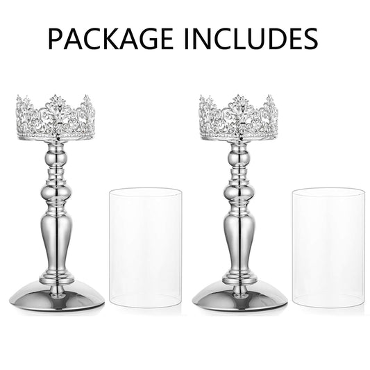 NUPTIO 2 Stück Silber Säule Kerzenhalter mit Glas, Hurricane Kerzenhalter, 32cm Hoch Kerzenlichthalter für Hochzeitstag Einweihungsfeier Weihnachtsfeier Tisch Kamin Mantel Mittelstücke