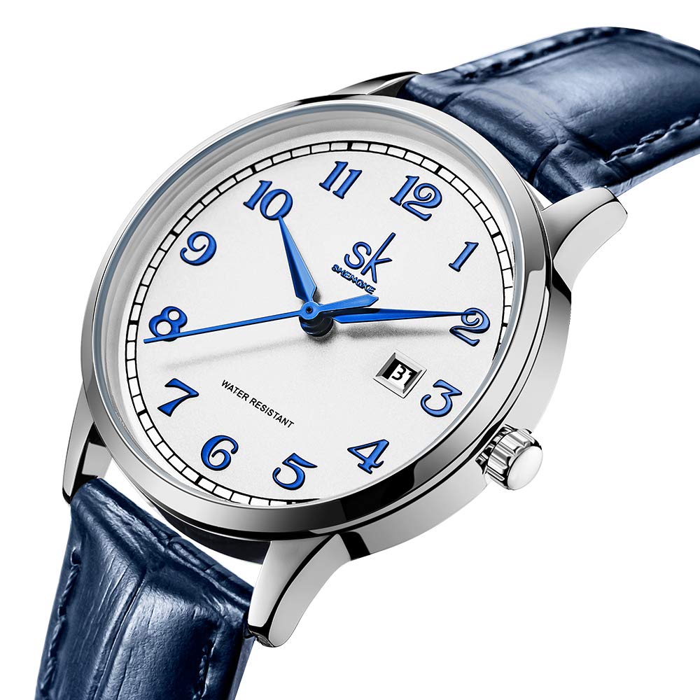 SHENGKE SK Classic Business Women Watches with Stainless Steel Band and Genuine Leather Elegant Ladies Calendar Watch(Arabic Number-Blue Leather)
