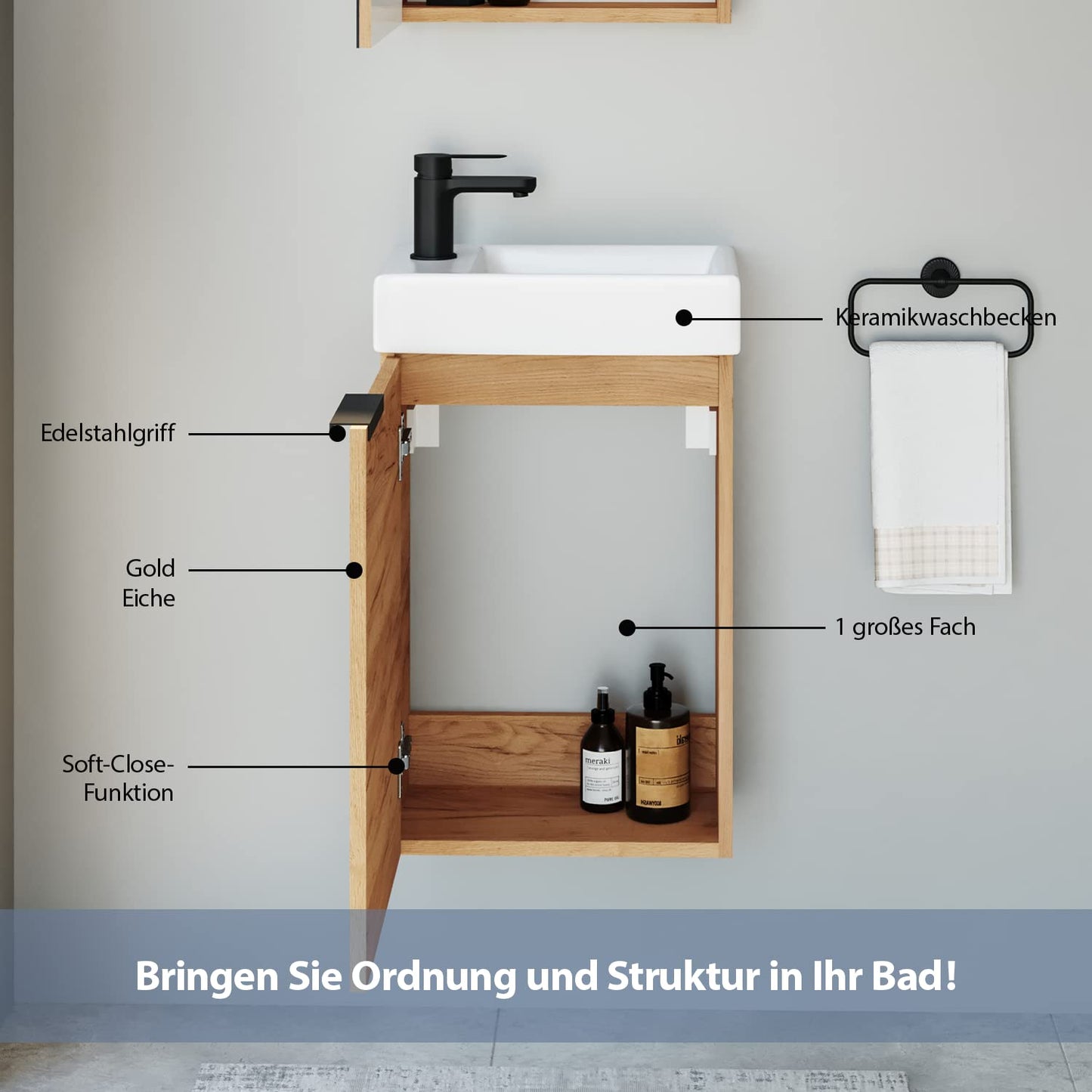 Planetmöbel Waschtischunterschrank mit Keramikwaschbecken 40cm in Gold Eiche mit Armatur in Schwarz matt, Badmöbelset für Badezimmer, Gäste WC