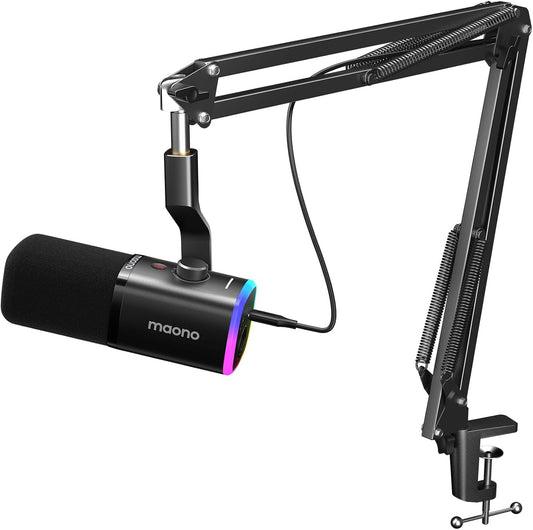 MAONO XLR/USB Streaming Mikrofon mit Arm: Dynamisches Mikrofon mit Software, Stummschalttaste, Gain-Regler, für Podcast, PC Gaming, Aufnahme, YouTube-Inhaltserstellung, Chat, PS4/5 Mac Mixer (PD100XS)