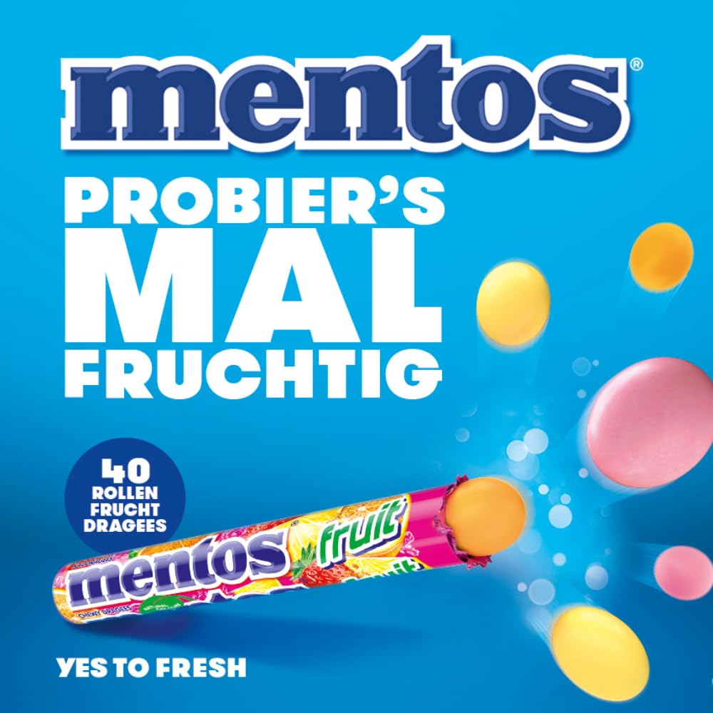 Mentos Fruit Dragees Multipack, 40 Rollen (532 g), Vegane Fruchtbonbons mit Orange, Zitrone, Erdbeere