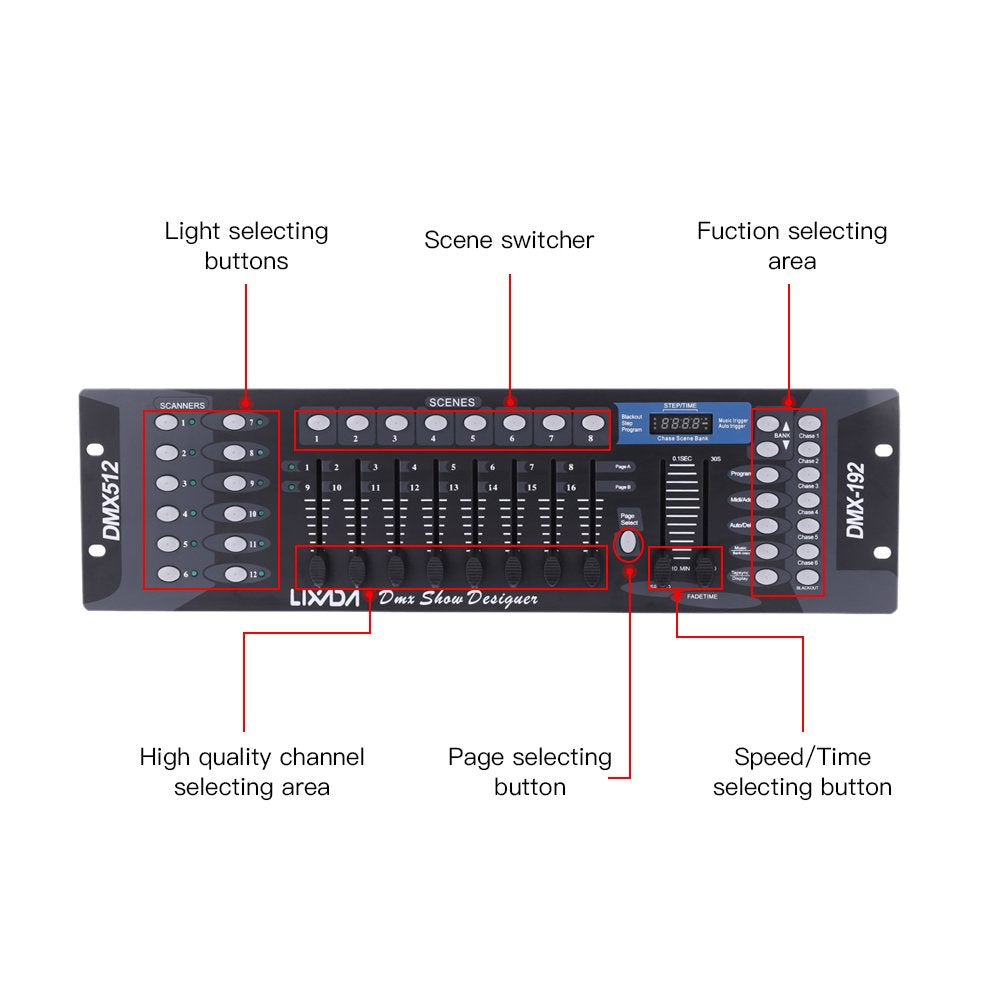 Lixada DMX-Controller, Lixada DMX 512-Konsole, Bedienfeld 192 Kanäle für Bühnenlampe, Moving Head, DJ, Club, Party