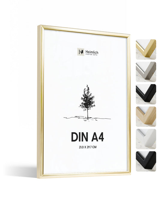 Heimlich® 1x Bilderrahmen DIN A4 21x30 cm Gold Metall Rahmen 1-Pack | Dokumentenrahmen 21x29,7 cm Klein Collage | Metallrahmen Alu-Bilderrahmen Aluminium | Picture Frame A4 Fotorahmen