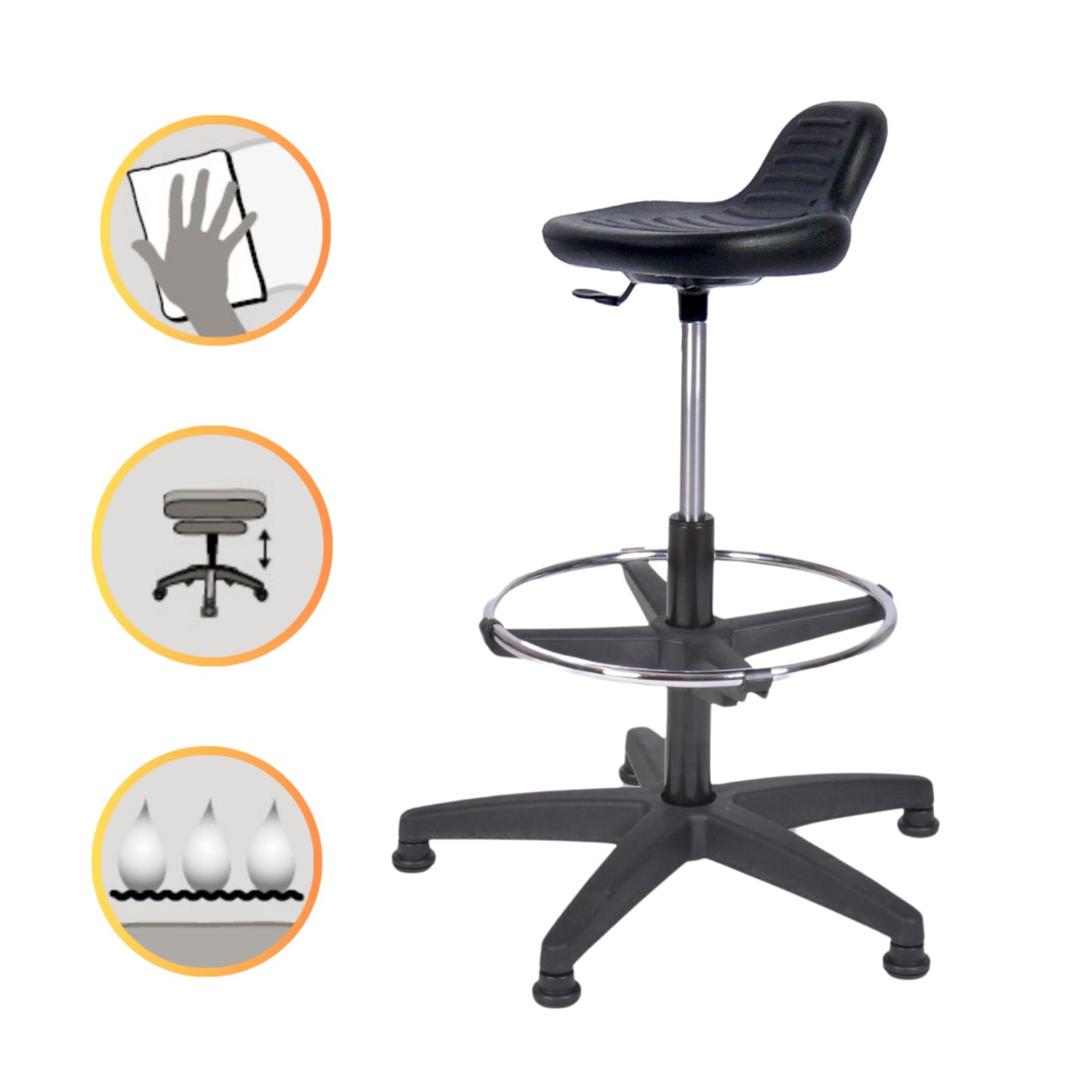 Topsit IND000014 Arbeitshocker Stehhilfe hoch mit Fußring zur Ablage, Abwischbar für Labor geeignet, Hartschaum Schwarz, 40 x 43 x 85 cm