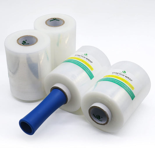 BOMEI PACK Mini Stretchfolie, Handfolie Wickelfolie, 20my x 127mm x 300m, Packfolie Transparent, 4 Rollen mit 1 Griff