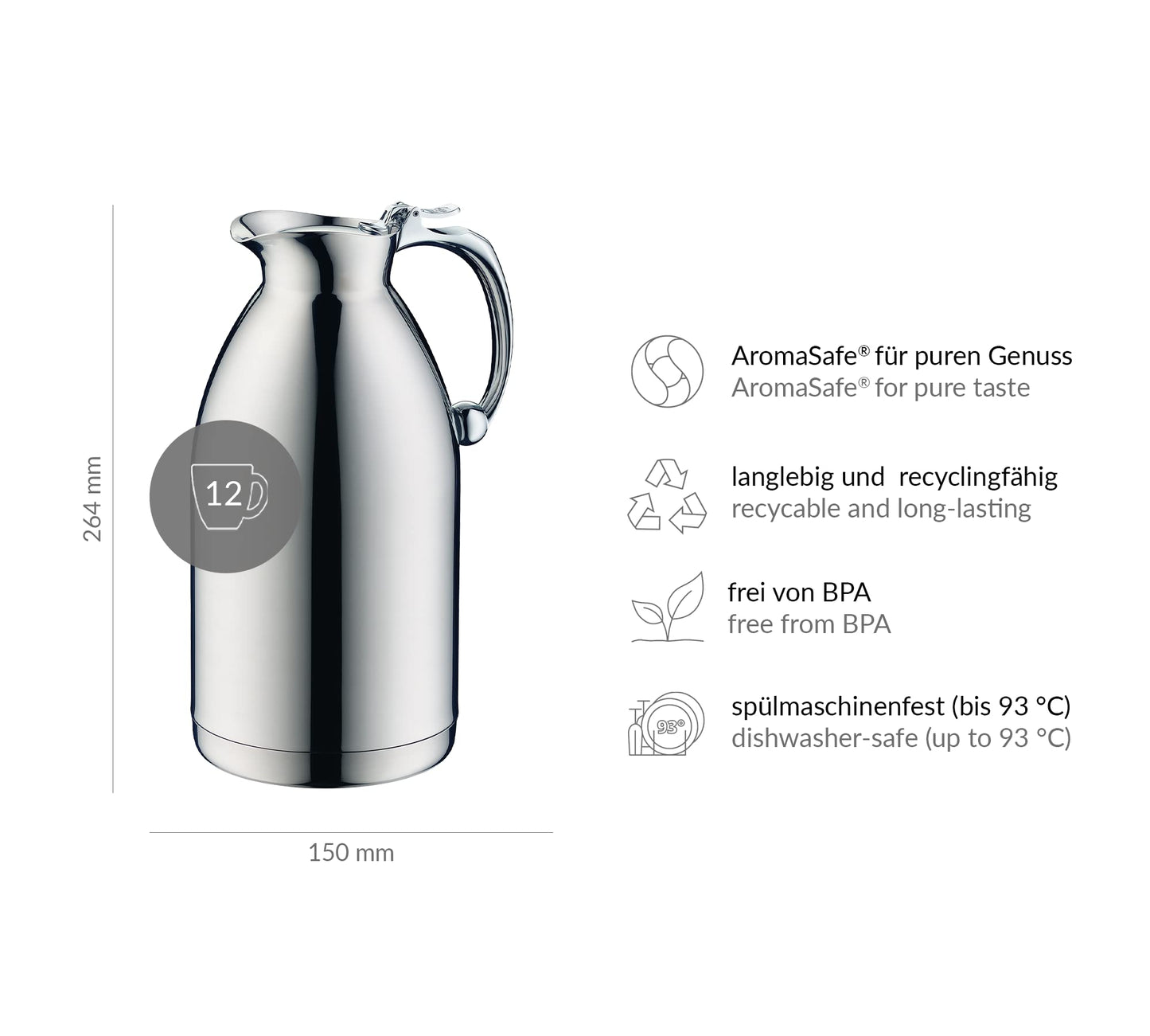 alfi HOTELLO 1,5l, Isolierkanne aus doppelwandigem Edelstahl, hält 4 Stunden warm, 6 Stunden kalt, locker aufliegender Deckel, mit einer Hand ausgießen, plastikfrei, spülmaschinenfest, für Gastronomie