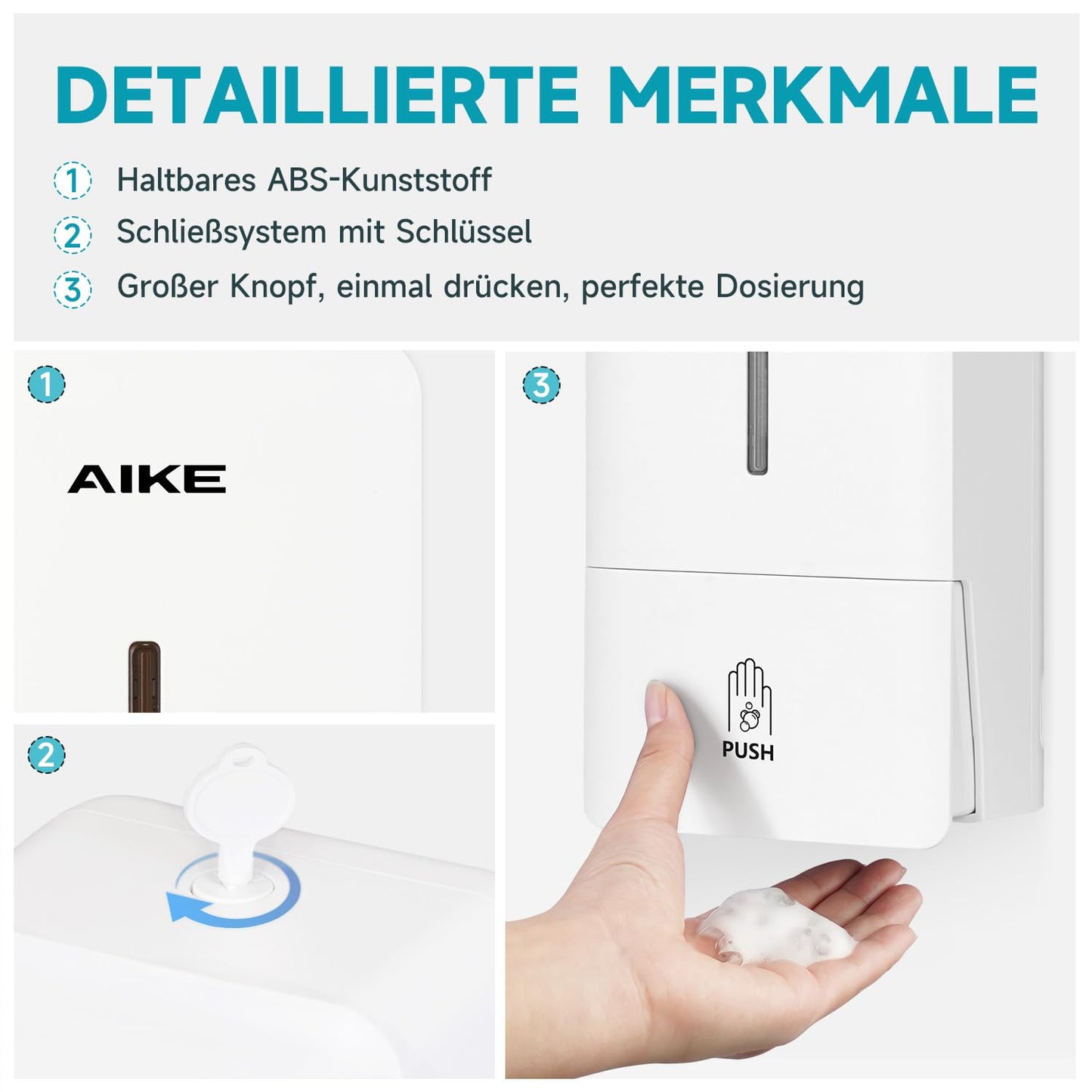AIKE Schaumseifenspender 800 ML, Wandmontage, Manueller Druckpumpe für gewerbliche Badezimmer AK1006F Nur mit Schaumseife kompatibel
