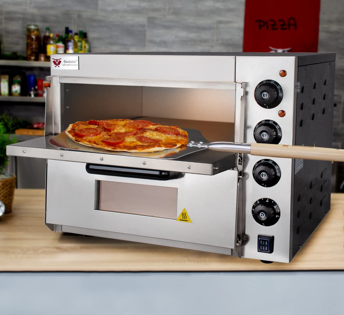 Beeketal BPO33-2 Profi Doppelkammer-Pizzaofen, 2x 400x400 mm Schamottstein, Gastro Steinbackofen mit Schaufel, 3000W, bis 350°C für Pizza und Brot