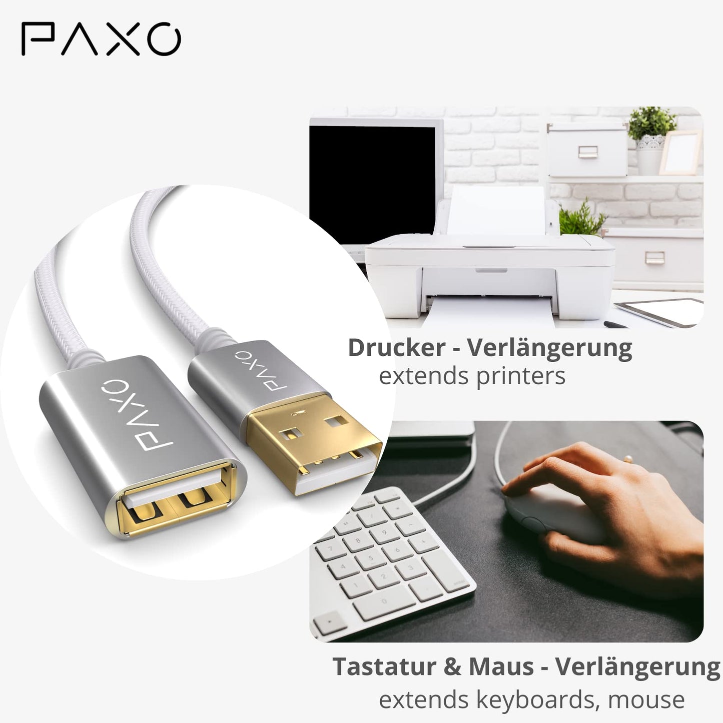 PAXO 1m Nylon USB 2.0 Verlängerung weiß, A-A Verlängerungskabel, Aluminiumstecker, Stoffmantel