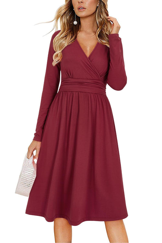 OUGES Kleid Damen Herbst V-Ausschnitt Langarm Kleider Herbstkleid Knielang Winterkleid Midi Mit Taschen