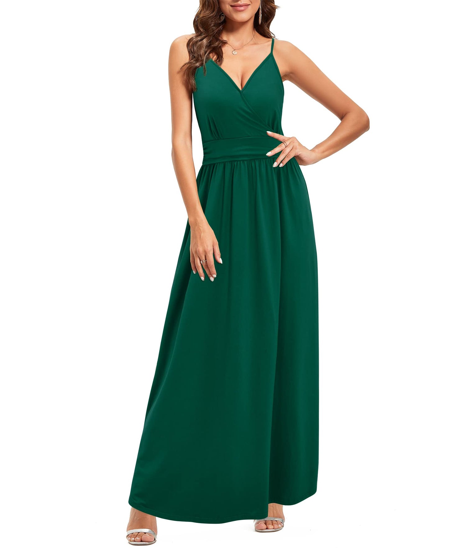 Newshows Sommerkleid Damen Lang Maxikleid Sommer V Ausschnitt Kleid Schlitz Freizeitkleid Elegant für Hochzeitsgast (Grün,Groß)