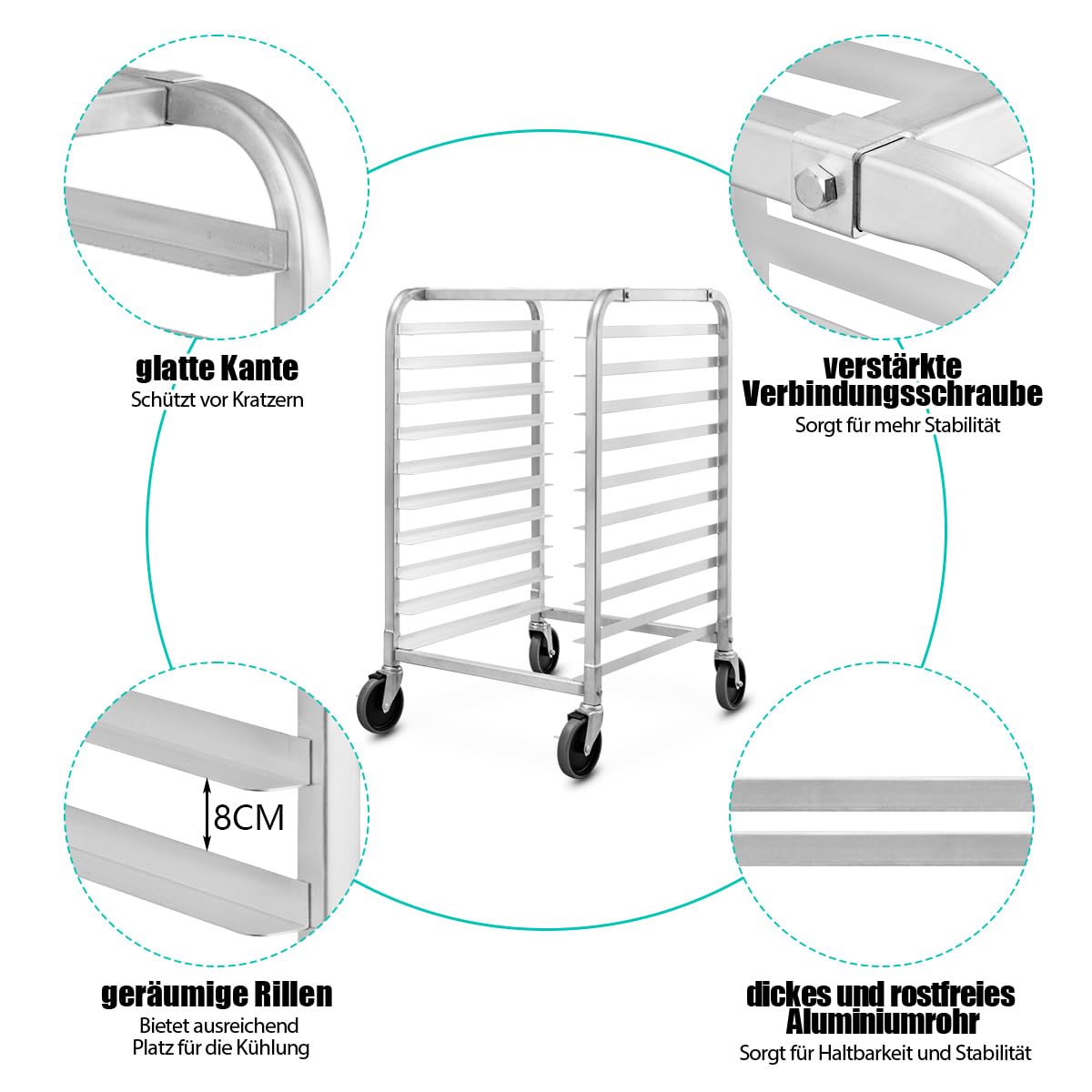 COSTWAY Tablettwagen für 10 Tabletts, Regalwagen Servierwagen Aluminium, bis 15 kg pro Blech, Abräumwagen auf Rollen mit Bremse, Transportwagen Stikkenwagen, Rollwagen Küchenwagen, Silber