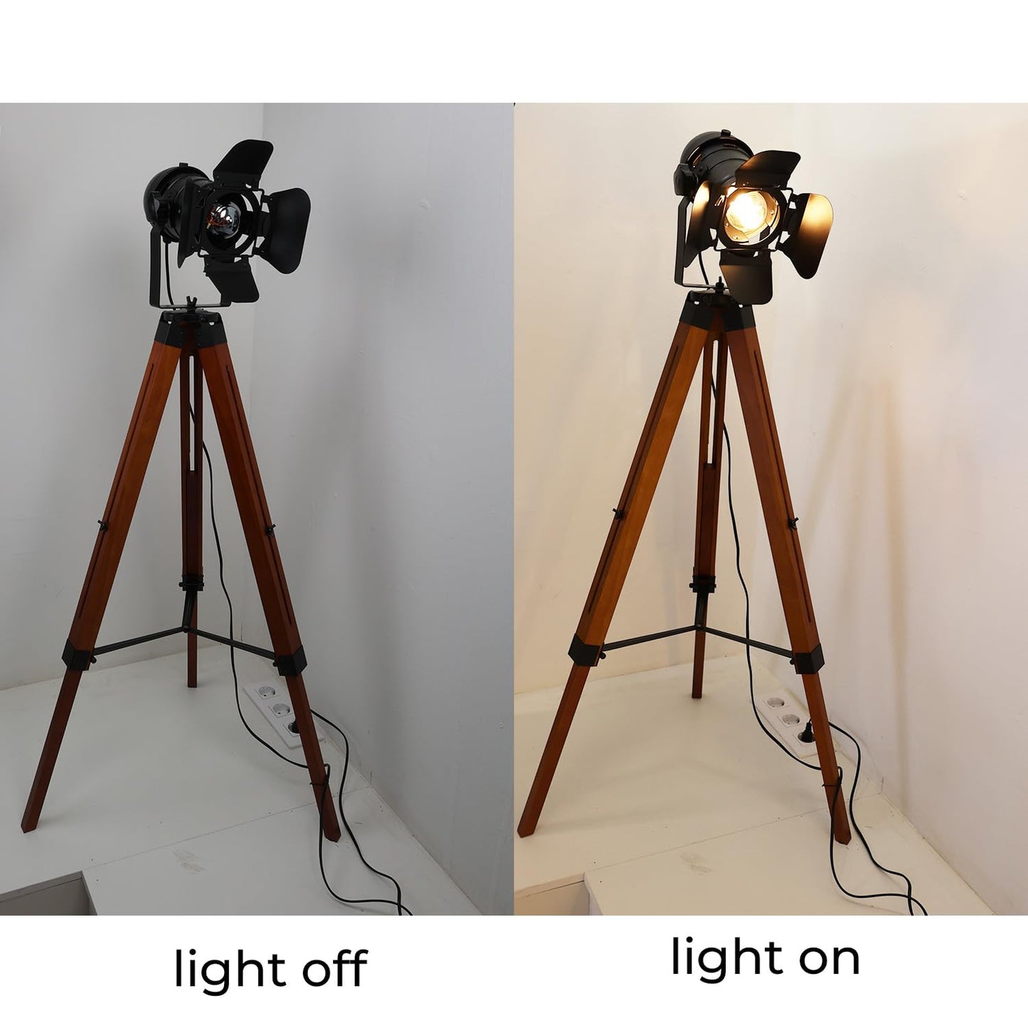 Alpinaluz Stehlampe aus Holz, Vintage, Kino Design mit schwarzem, schwenkbarem Kopf, höhenverstellbar, E27-Sockel, für Wohnzimmer