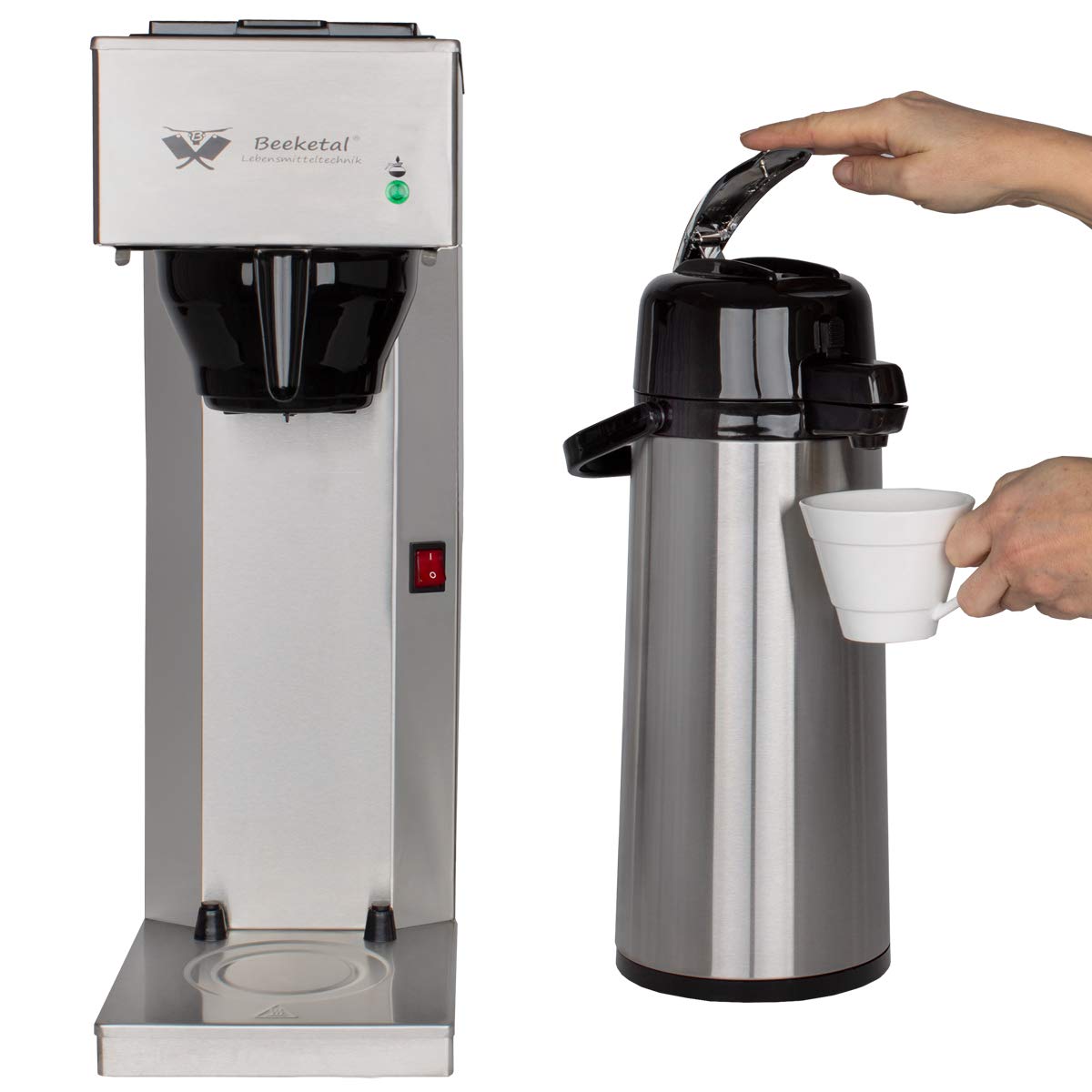 Beeketal 'BGK2-T' Gastro Edelstahl Filterkaffeemaschine mit 2,0l Pump-Thermoskanne (doppelwandig) und Warmhaltefunktion, Gastronomie Korbfilter Kaffeemaschine inkl. 10 Stk. Papier Korbfilter