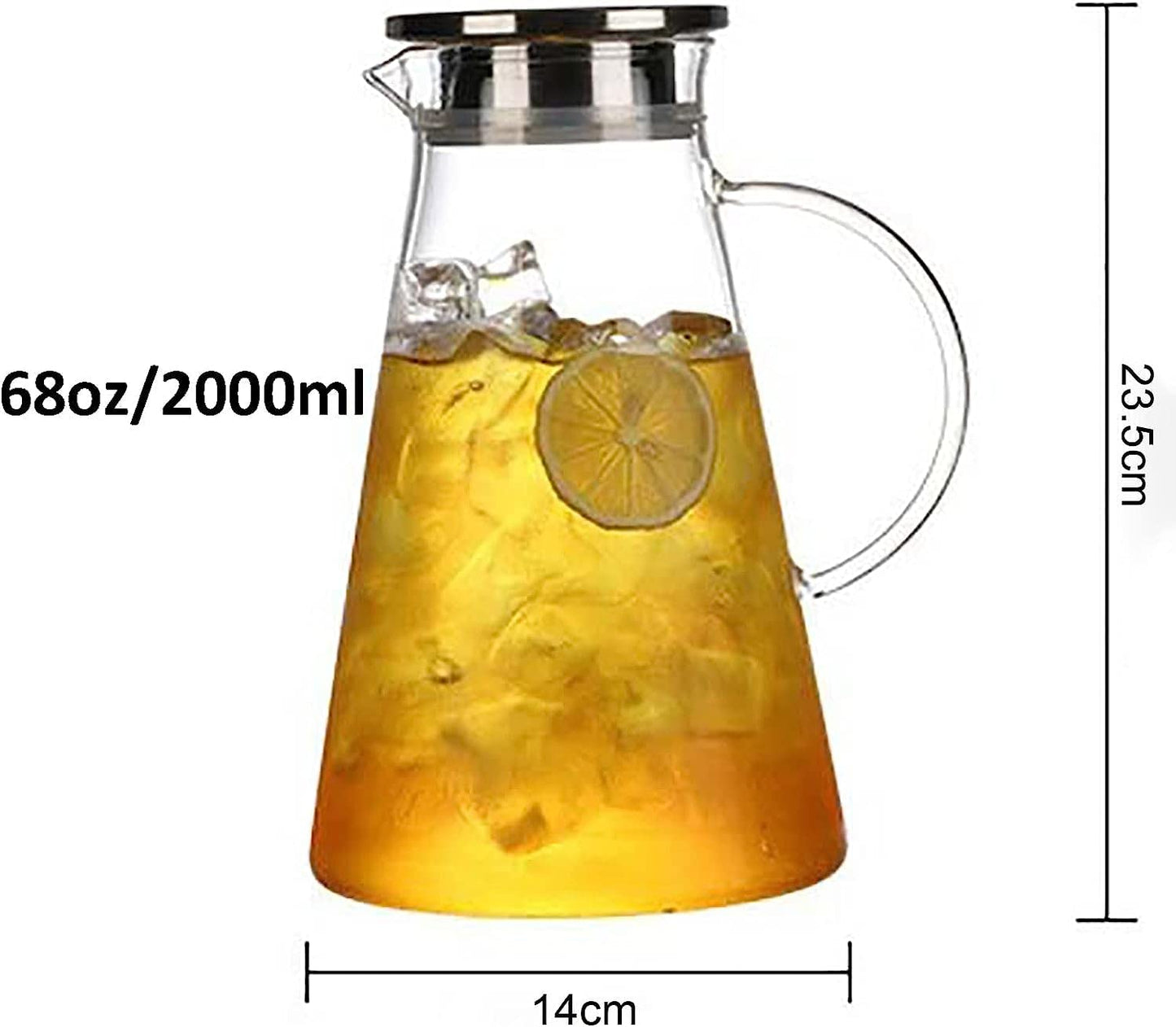WUWEOT 2 Liter Glaskaraffe Wasserkaraffe mit Edelstahl Deckel und Ausgießer Karaffe aus Glas Wasserkrug Saftkrug Getränkekrug für Hausgemachte Getränke Wasser Milch Kaffee Wein Eistee Saft