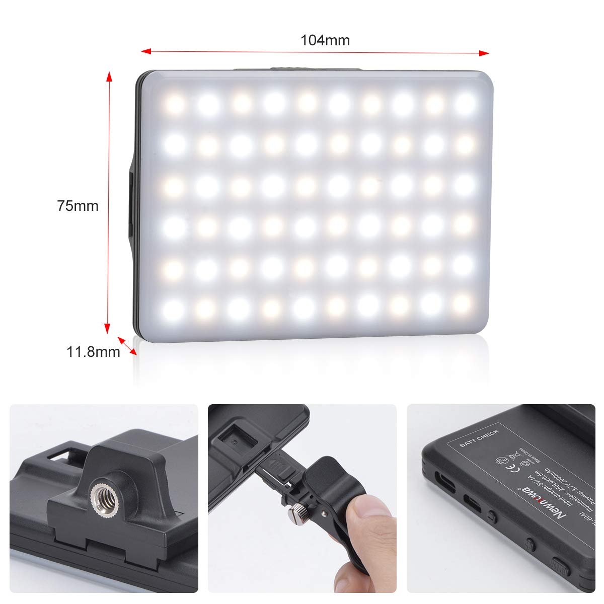 Newmowa 60 LED Videolicht, 3200-5600K 3 Lichtmodi und Helligkeit 10-stufiges dimmbares CRI95 + High Power Panel-Licht, eingebauten Akkus für Phone, iPhone, Android, iPad, Laptop