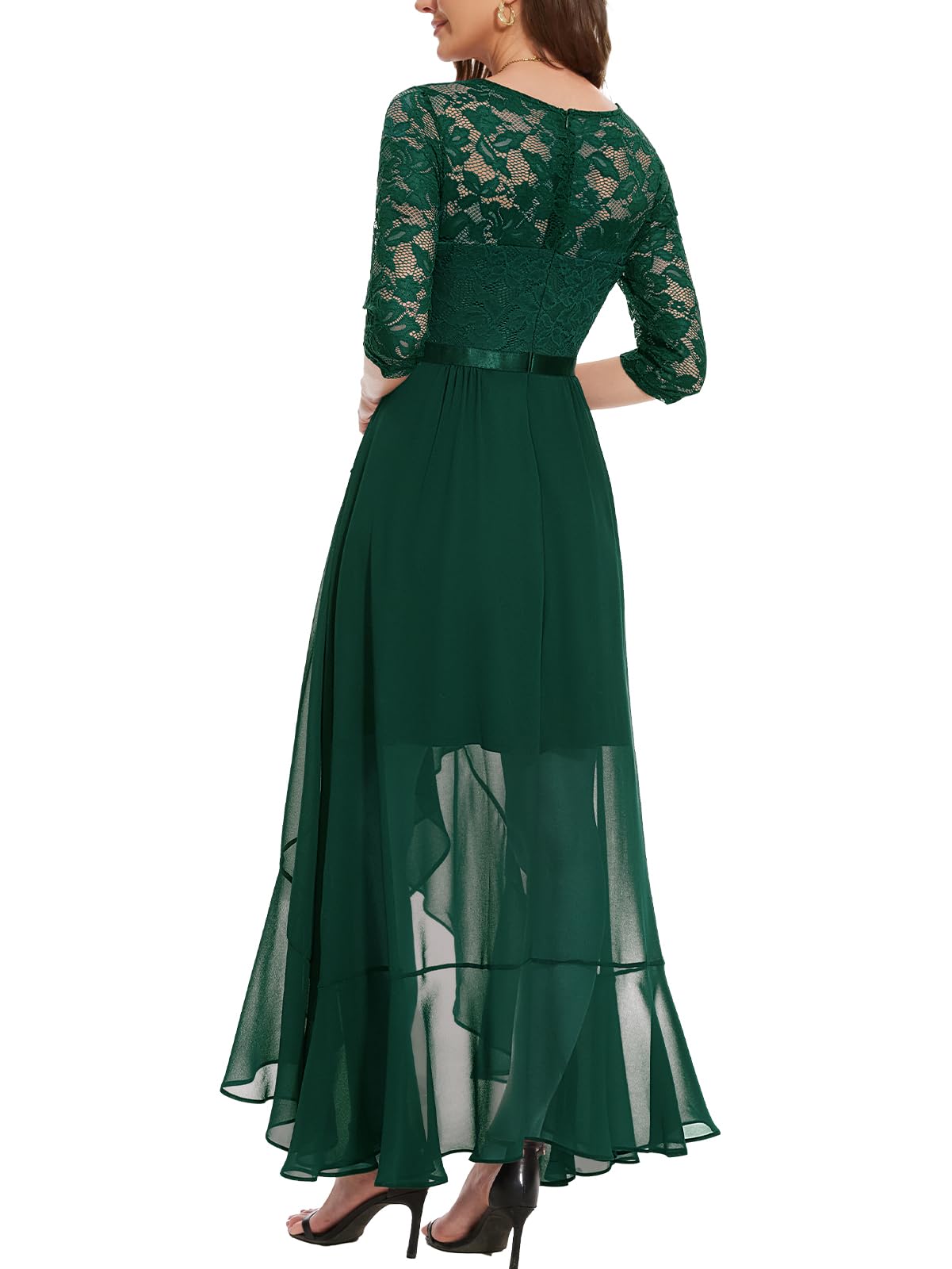 Bbonlinedress Abendkleider Langarm elegant Damen Winterkleid Spitze Chiffon V-Ausschnitt Brautjunferkleid Party Abschlusskleid Ballkleid festliches Weihnachtskleid Dark Green XL