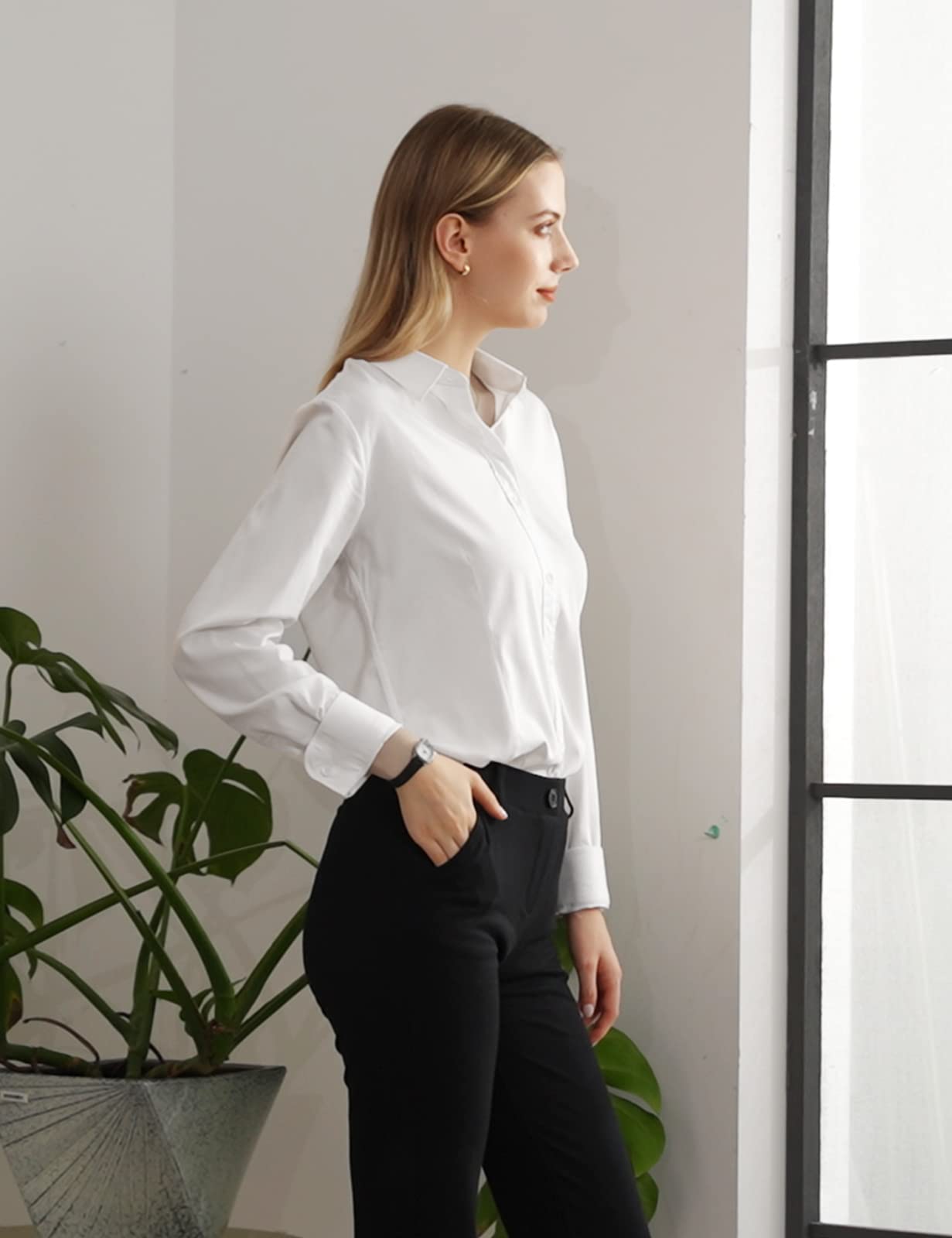 Tapata Damen Button Down Shirts Klassisch Fit Lange Ärmel Blusen Stretch Tops für Arbeit Business Casual Dressy Weiß Small