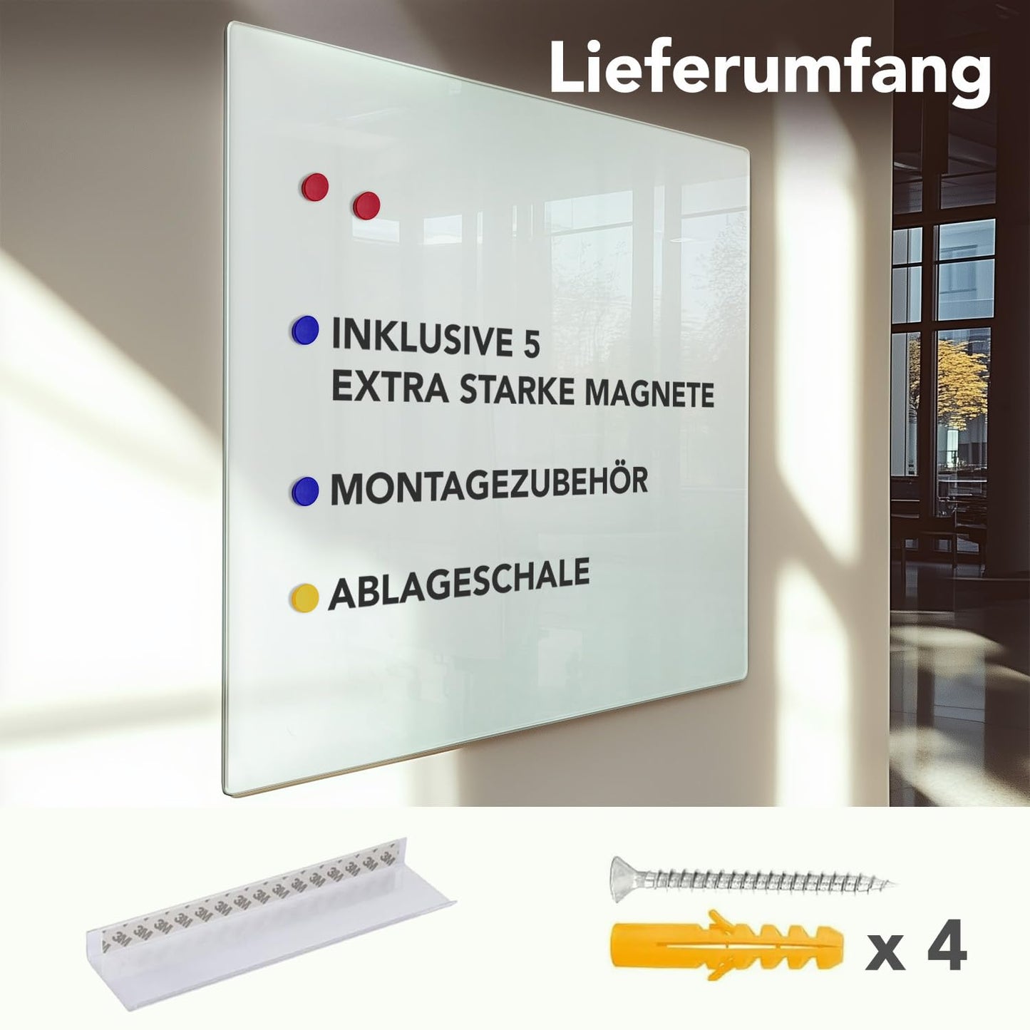 Floordirekt Glasboard magnetisch & beschreibbar, Glas-Whiteboard inkl. 5 Magnete - Magnettafel für die Wand - Schreibtafel Magnetwand Tafel Pinnwand Memoboard für Küche (Weiß, 65 x 100 cm)