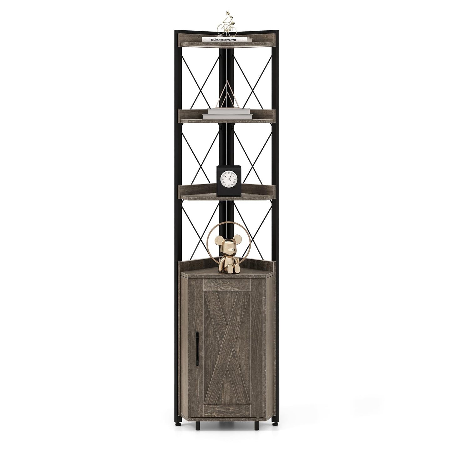 COSTWAY 6-stöckiges Bücherregal, Standregal industriell, Hochschrank schmal mit 4 Ablagen & verstellbaren Regalen, Küchenschrank Eckschrank platzsparend, 48 x 32 x 180 cm (Grau)