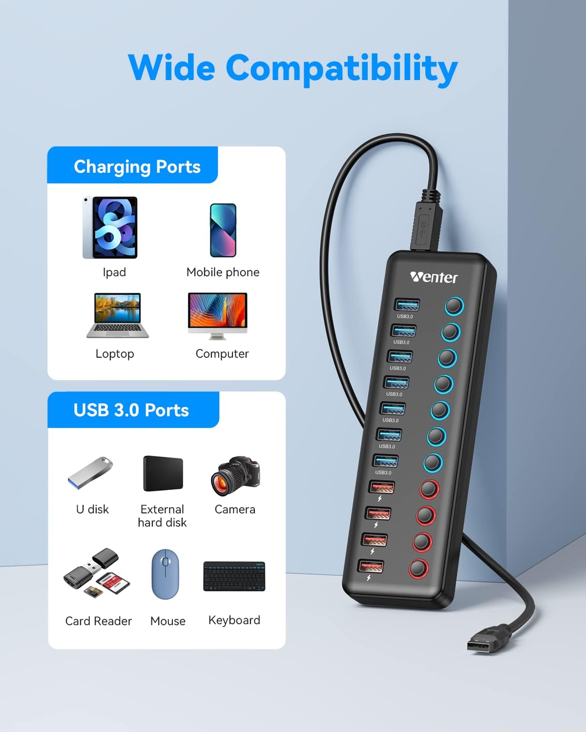 USB Hub Aktiv 3.0 mit Netzteil 36W, WENTER 11 in 1 USB Hub (7 USB 3.0 Ports Datenübertragung und 4 Ports Schnellladegerät) mit Schalter und 1 Intelligenter Charging Port und 12V/3A Netzteil Adapter