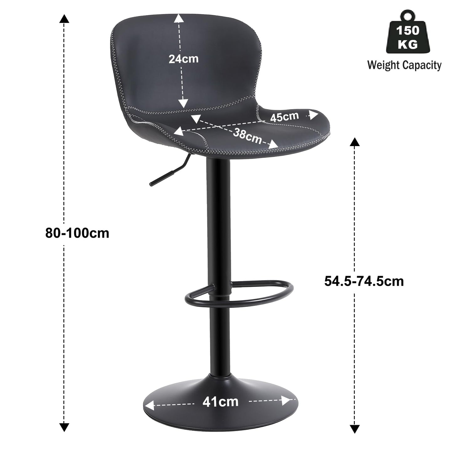 Youhauchair Barhocker 2er Set, Barhocker Höhenverstellbar aus PU-Leder, wasserdicht und verschleißfest, Barhocker mit Lehne, Drehbarer bar Stool, modern, Schwarz