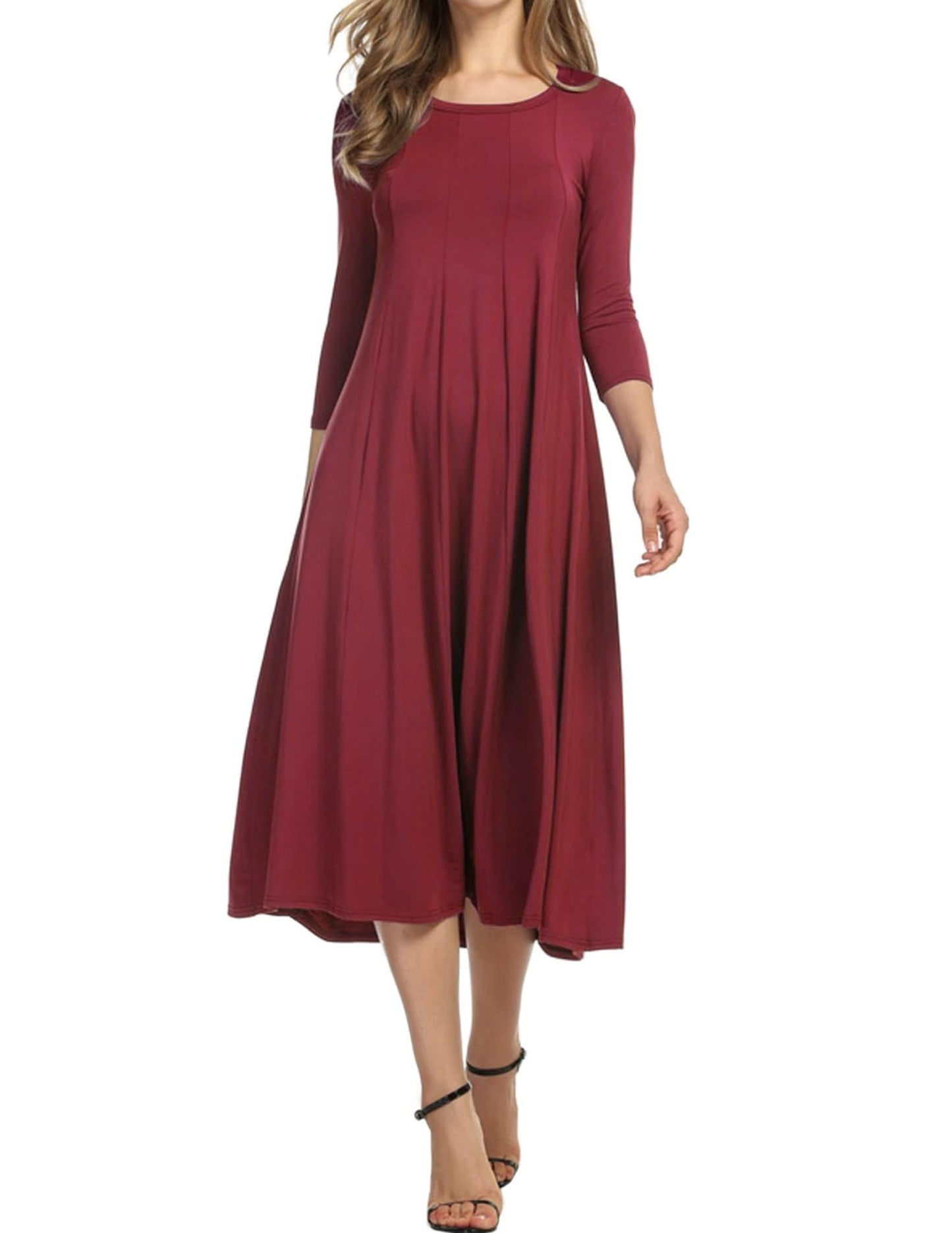 Hotouch Damen Kleid Rundhals Freizeitkleider Vintage Tunika Kleid 3/4 Ärmel A-Linie Kleider Elegant Wickelkleid Weinrot L