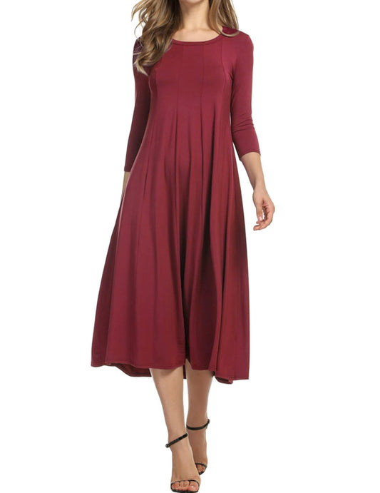 Hotouch Damen Kleid Rundhals Freizeitkleider Vintage Tunika Kleid 3/4 Ärmel A-Linie Kleider Elegant Wickelkleid Weinrot L