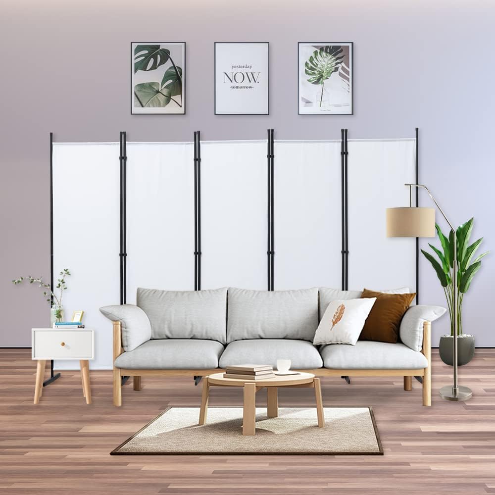 Mingone Raumteiler Trennwand Paravent 5-TLG. Sichtschutz Faltbar mit Metallrahmen Polyester-Mischgewebe für Wohnzimmer, Schlafzimmer, Küche, Büro, Balkon, Garten, Weiß, 250x176cm