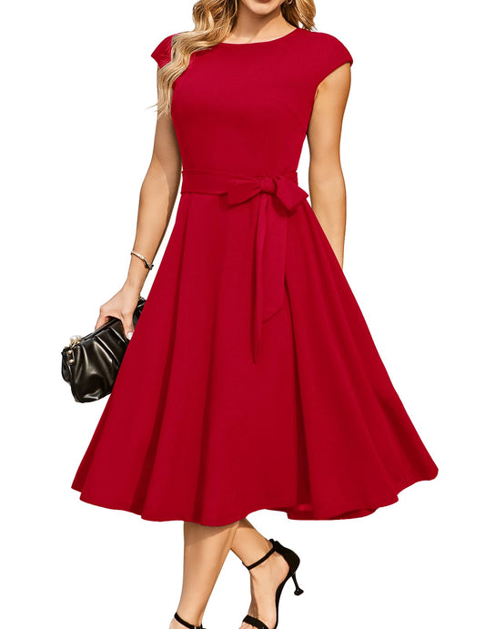 DRESSTELLS Damen Elegant Hochzeitkleid 1950er Vintgae Retro Cocktailkleid A-Line Swing Festlich Knielang Kleid Red 2XL