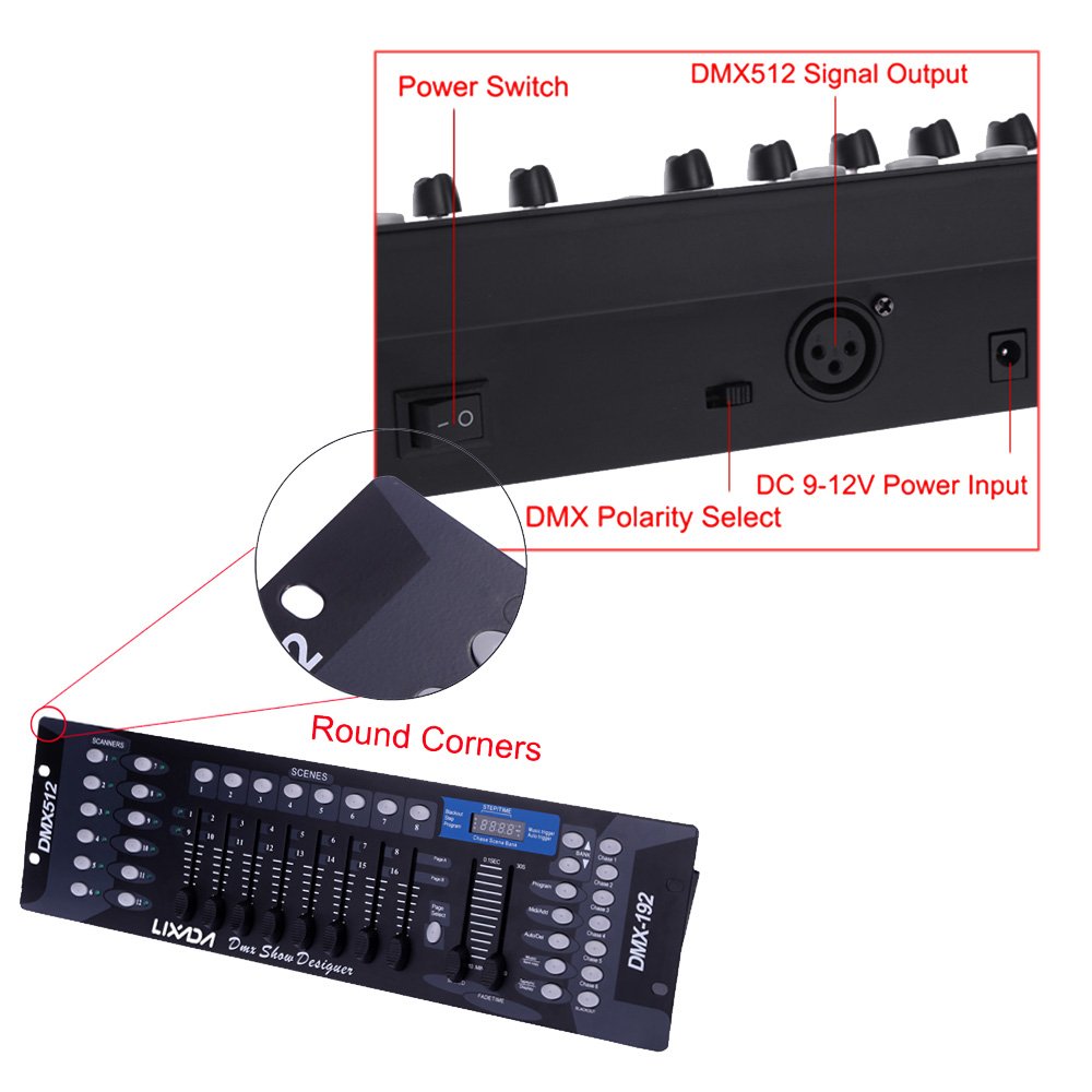 Lixada DMX-Controller, Lixada DMX 512-Konsole, Bedienfeld 192 Kanäle für Bühnenlampe, Moving Head, DJ, Club, Party
