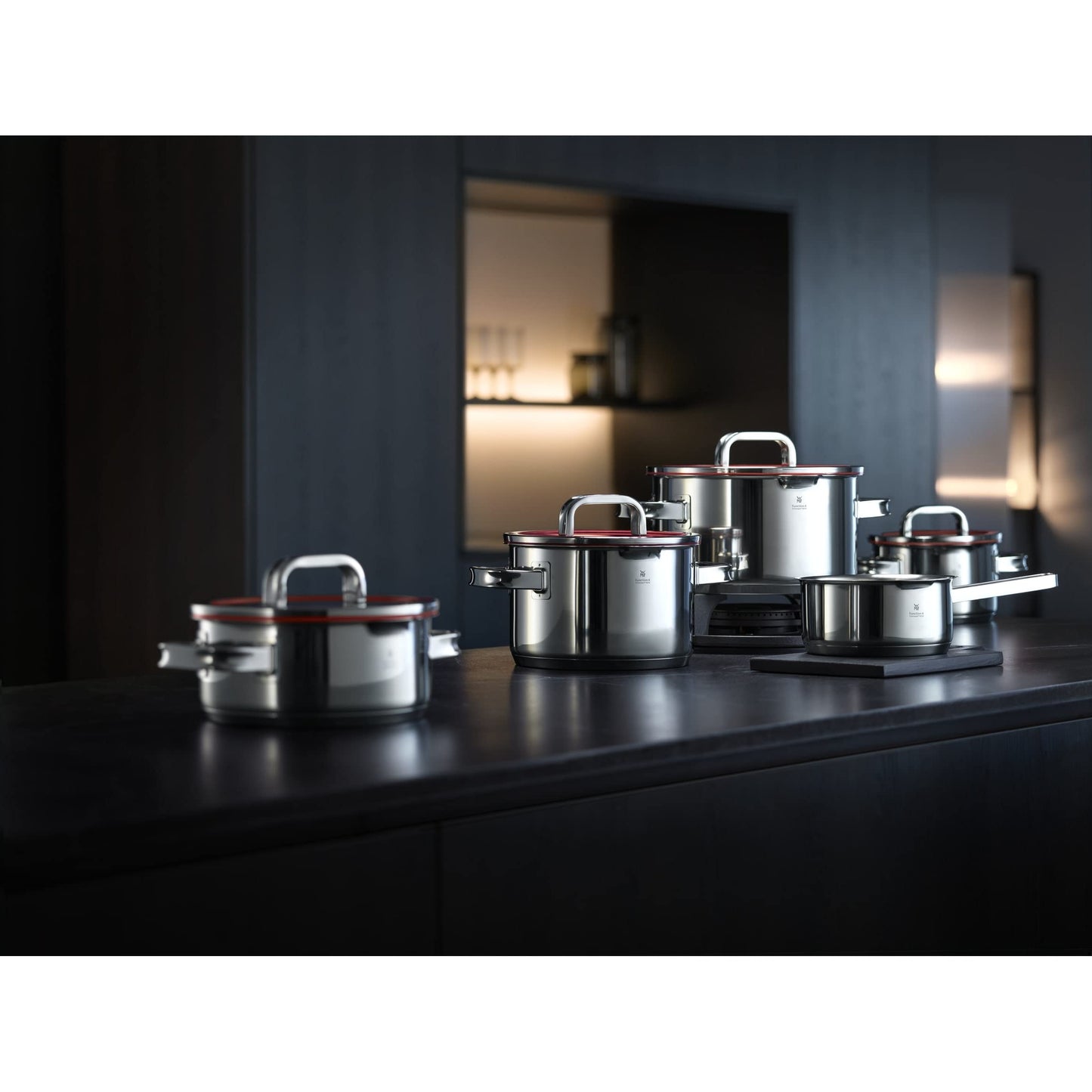 WMF Function 4 Topfset Induktion 4-teilig, Cromargan Edelstahl poliert, Glasdeckel mit 4 Abgießfunktionen, Induktionstöpfe, Innenskalierung