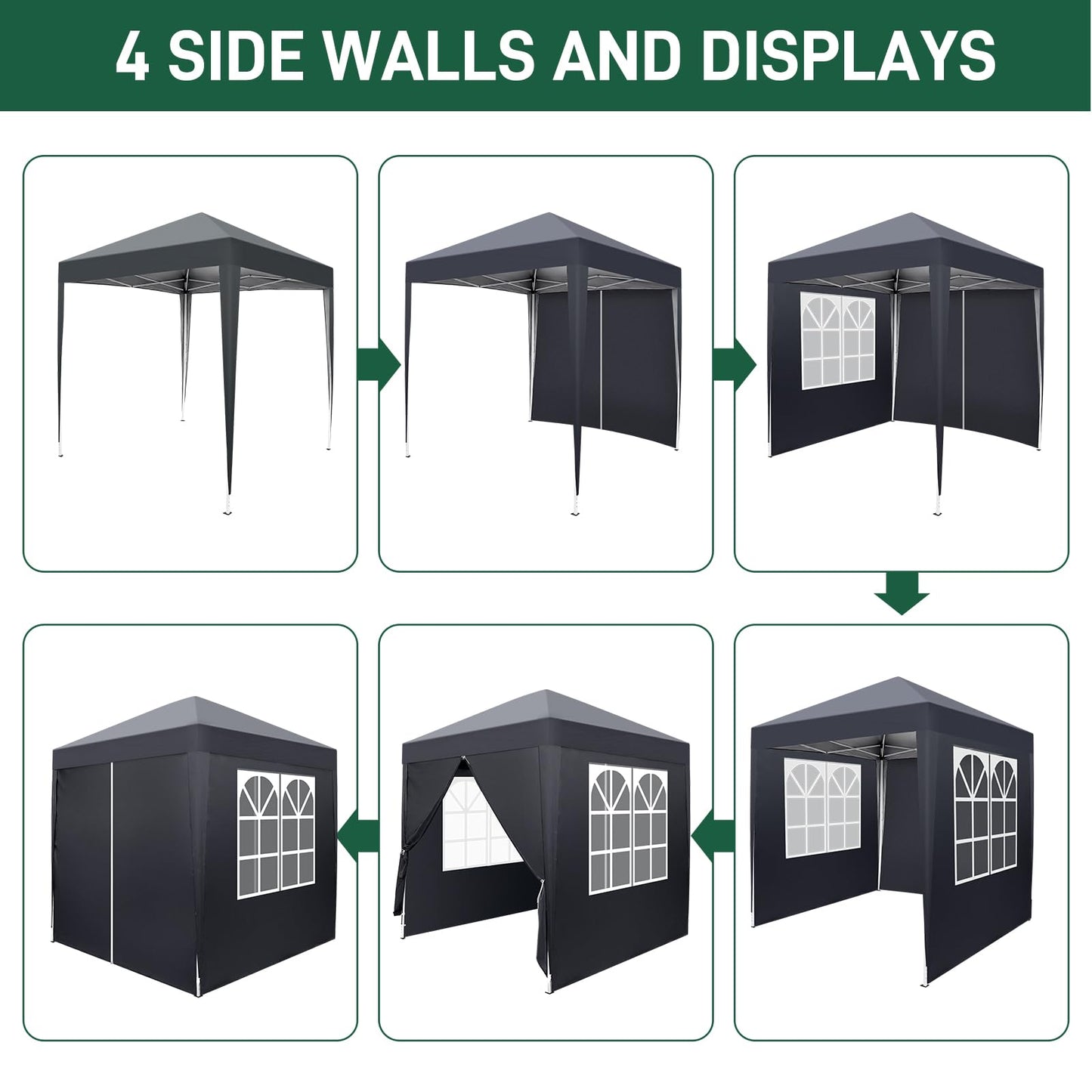 LEADZM 2x2m Pavillon,Pop-up,Winddicht,Wasserdicht,Faltpavillon,UV Schutz 50+,Höhenverstellbar,mit 4 Seitenteilen,für Outdoor, Garten, Party, Camping,Dunkelgrau