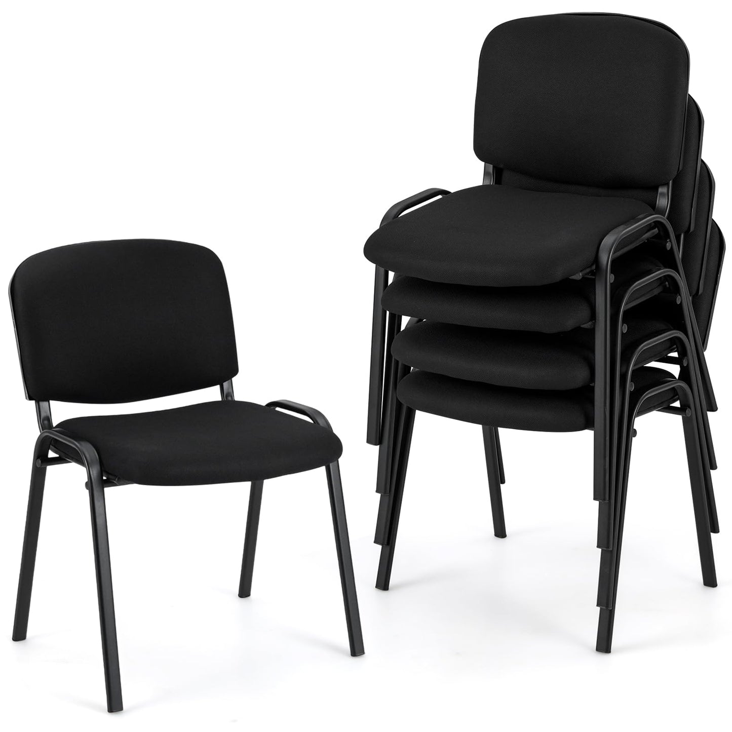 GIANTEX 5er-Set schwarzer stapelbarer Konferenzstühle mit gepolstertem Sitz, Rückenlehne und Armlehnen, ideal für Büros und Veranstaltungen, gestapelt in einem modernen Raum.