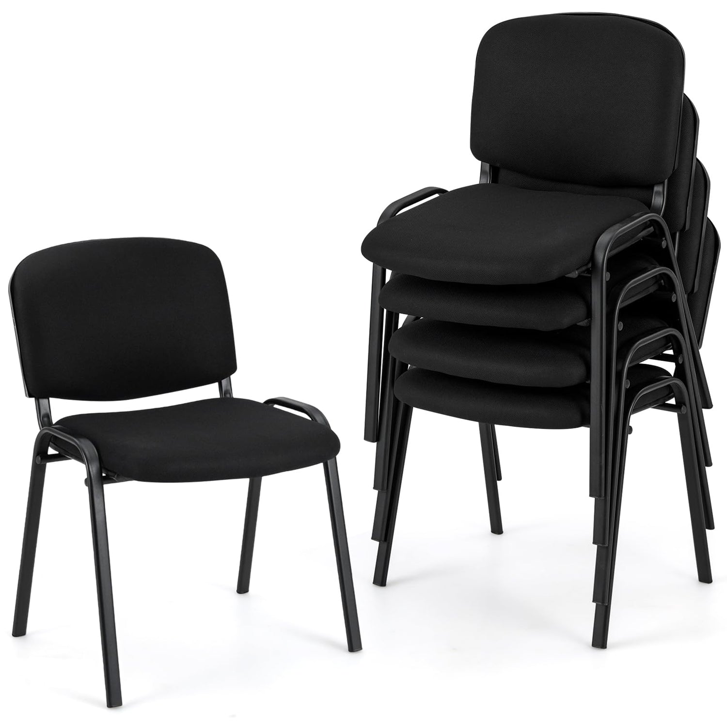 GIANTEX 5er-Set schwarzer stapelbarer Konferenzstühle mit gepolstertem Sitz, Rückenlehne und Armlehnen, ideal für Büros und Veranstaltungen, gestapelt in einem modernen Raum.
