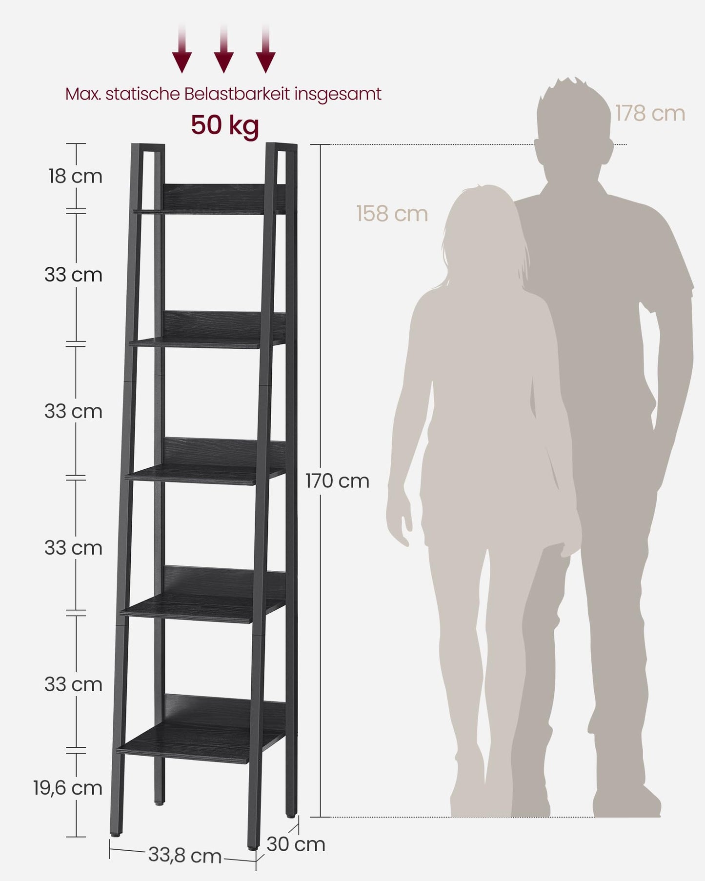VASAGLE Bücherregal 4 Ebenen im Industriestil, Schwarze Holzoptik und Schwarz, 30 x 33,8 x 170 cm für Wohnzimmer und Büro