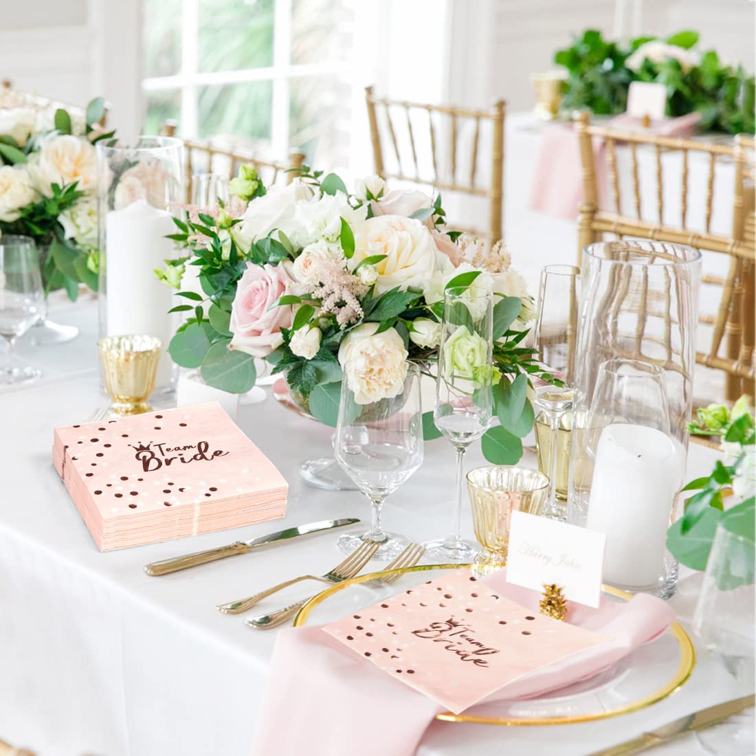 JGA Servietten Rosegold, 32 Stück Team Bride Servietten Tisch Deko, Rosa Team Braut Papierservietten für Frauen Party Deko JGA Tischdeko Junggesellen Junggesellinnenabschied Abschied