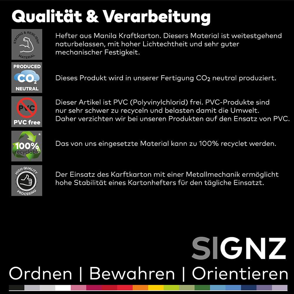 SIGNZ Schnellhefter DIN A4 aus Karton, 15 Stück, gefaltet, farblich sortiert, CO2-neutral hergestellt, made in Germany