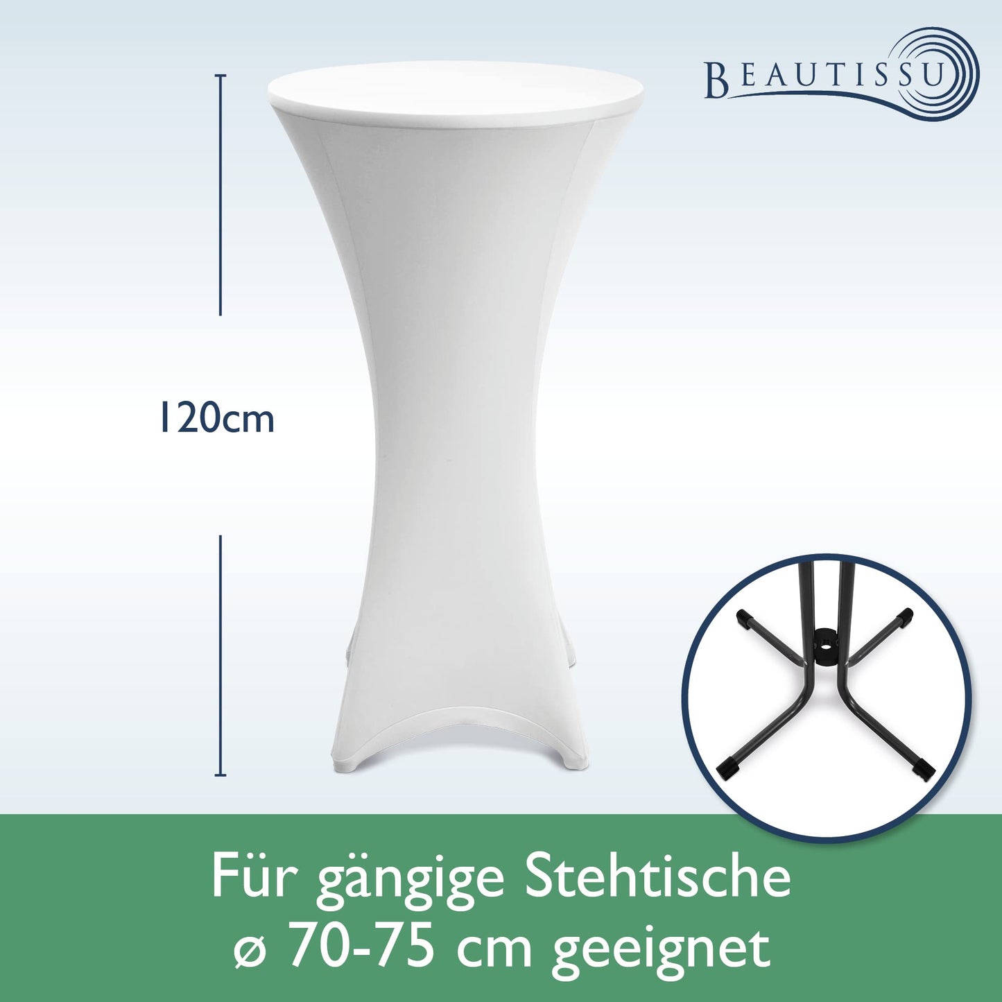 Beautissu Stretch Stehtisch Husse Weiß Ø 70-75 cm Stella – Verstärkung im Fußbereich & 40°C waschbar, rutschfest & bügelfreie Husse für Stehtisch & Bistrotisch als Tisch-Überzug